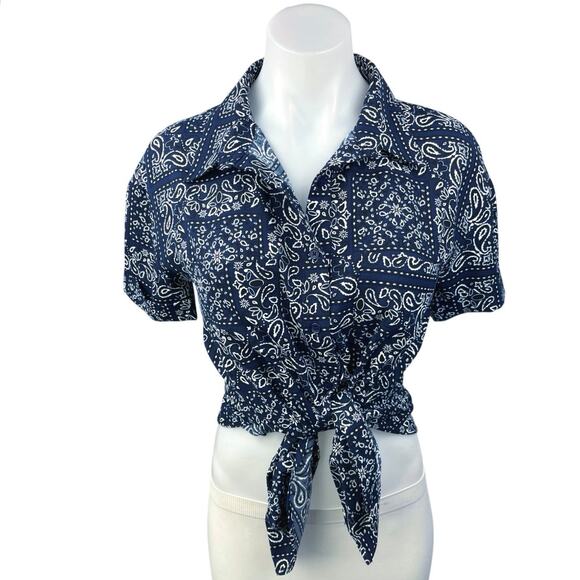 Daisy Street Blue Bandana Scarf Paisley Button Up Short Sleeve Shirt Top Sz 6 - Picture 1 of 6